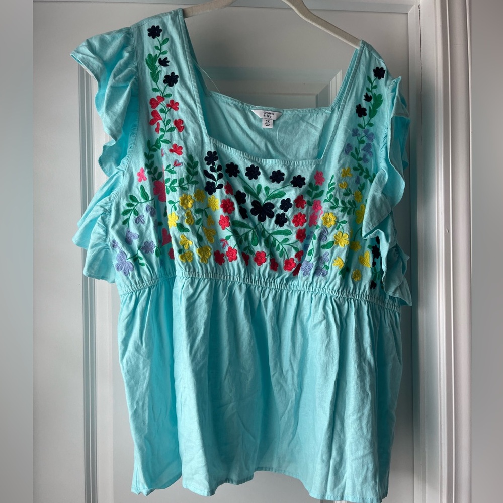 Crown & Ivy Blue Embroidered Blouse PLUS SIZE